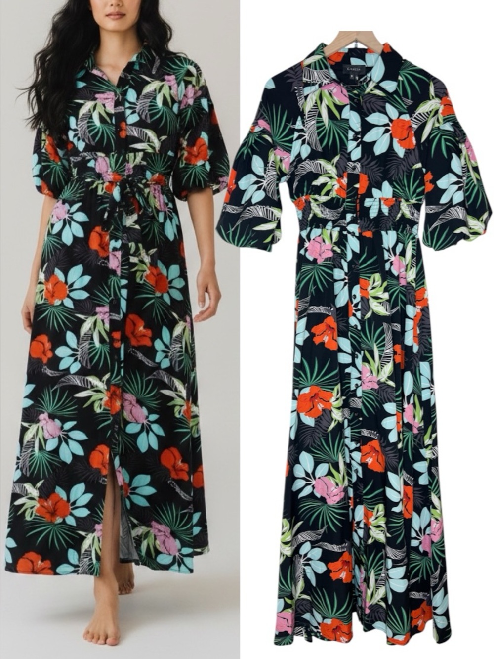 Gracia Black Tropical Floral Maxi Shirt Dress Puff Sleeve Smocked Waist sz Small